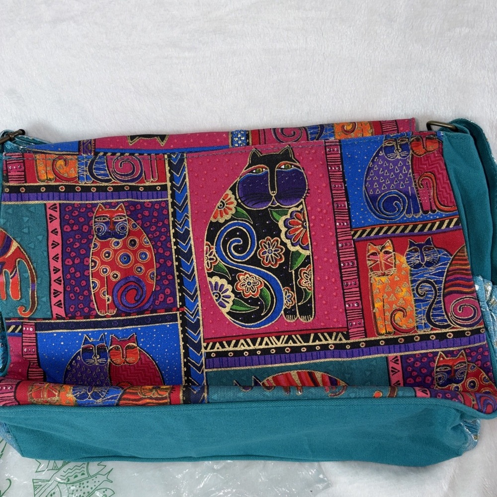 Vtg 00s Laurel Burch Feline Friends Canvas Tote Wood Charm Teal Cat Folk Art NWT